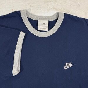 Vintage Y2K Nike Ringer Shirt Mens L Blue Cotton Embroidered Logo